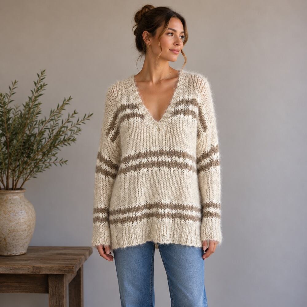 Free People Tan Stripe Fuzzy V Neck Sweater Small